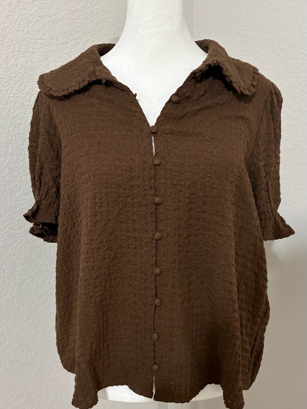 Textured Button-Front Brown Blouse
